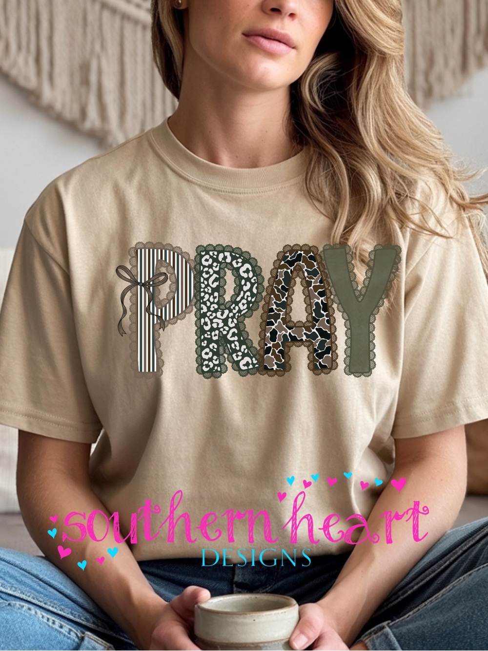 Gildan Beige Short Sleeve Tee with Multi-Pattern 'PRAY' Graphic